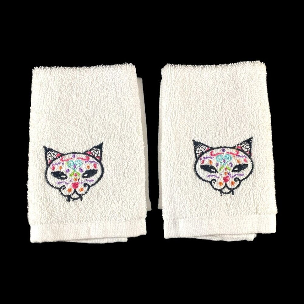 Kassa Fina Sugar Skull Cat Embroidered Wash Cloths NWOT 2 Lot Dia de Los Muertos